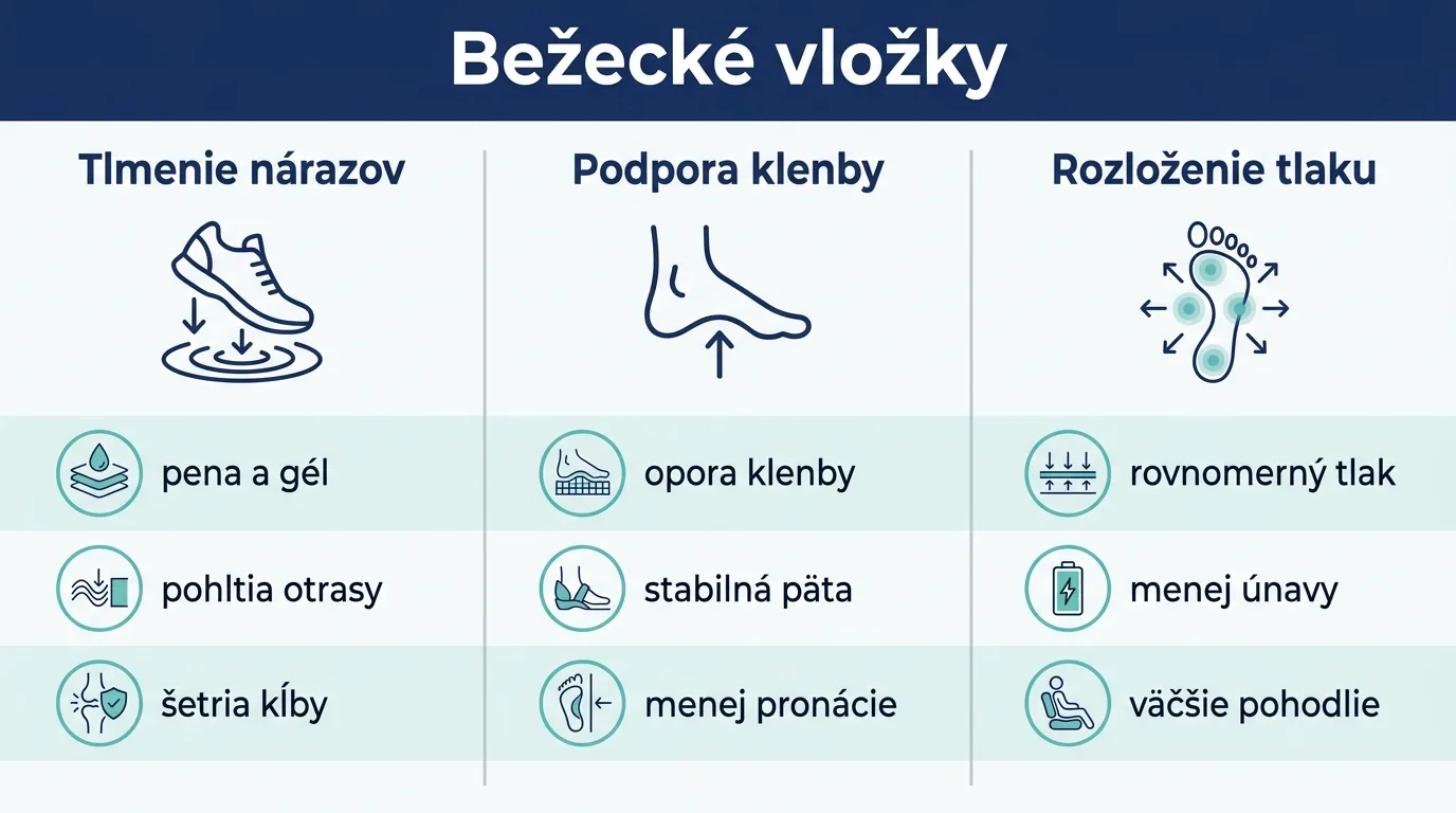 Infografika zhŕňajúca tlmenie nárazov, podporu klenby a rozloženie tlaku pri bežeckých vložkách