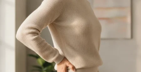 Žena si drží boľavé bedro rukou na vonkajšej strane bedrového kĺbu.