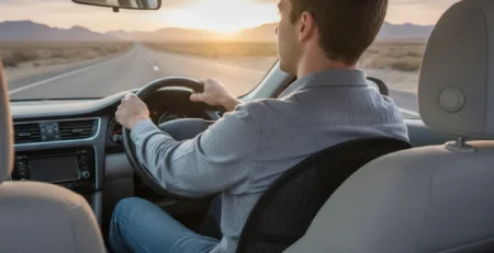 Vodič sedí za volantom s vankúšom podopierajúcim driek počas dlhej jazdy autom.