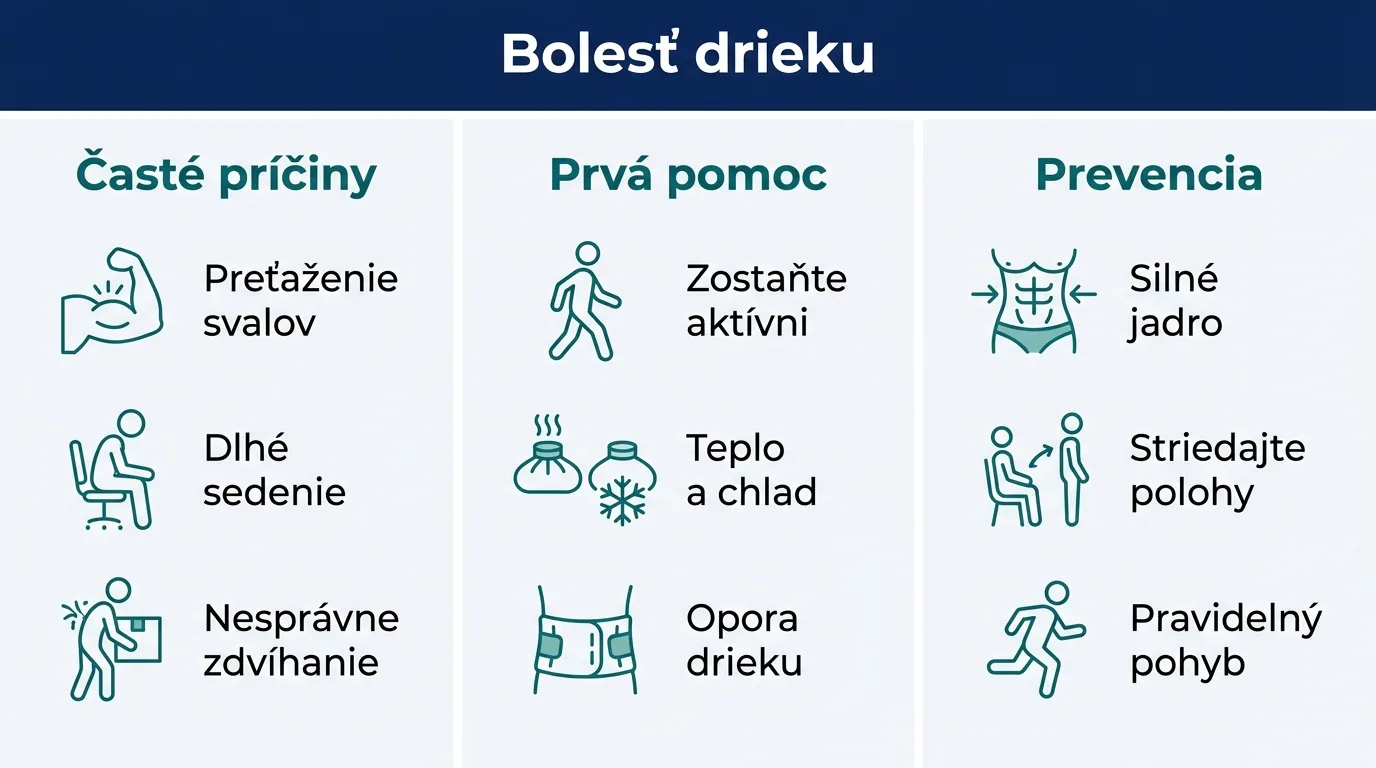 Infografika s príčinami a prvou pomocou pri bolesti drieku