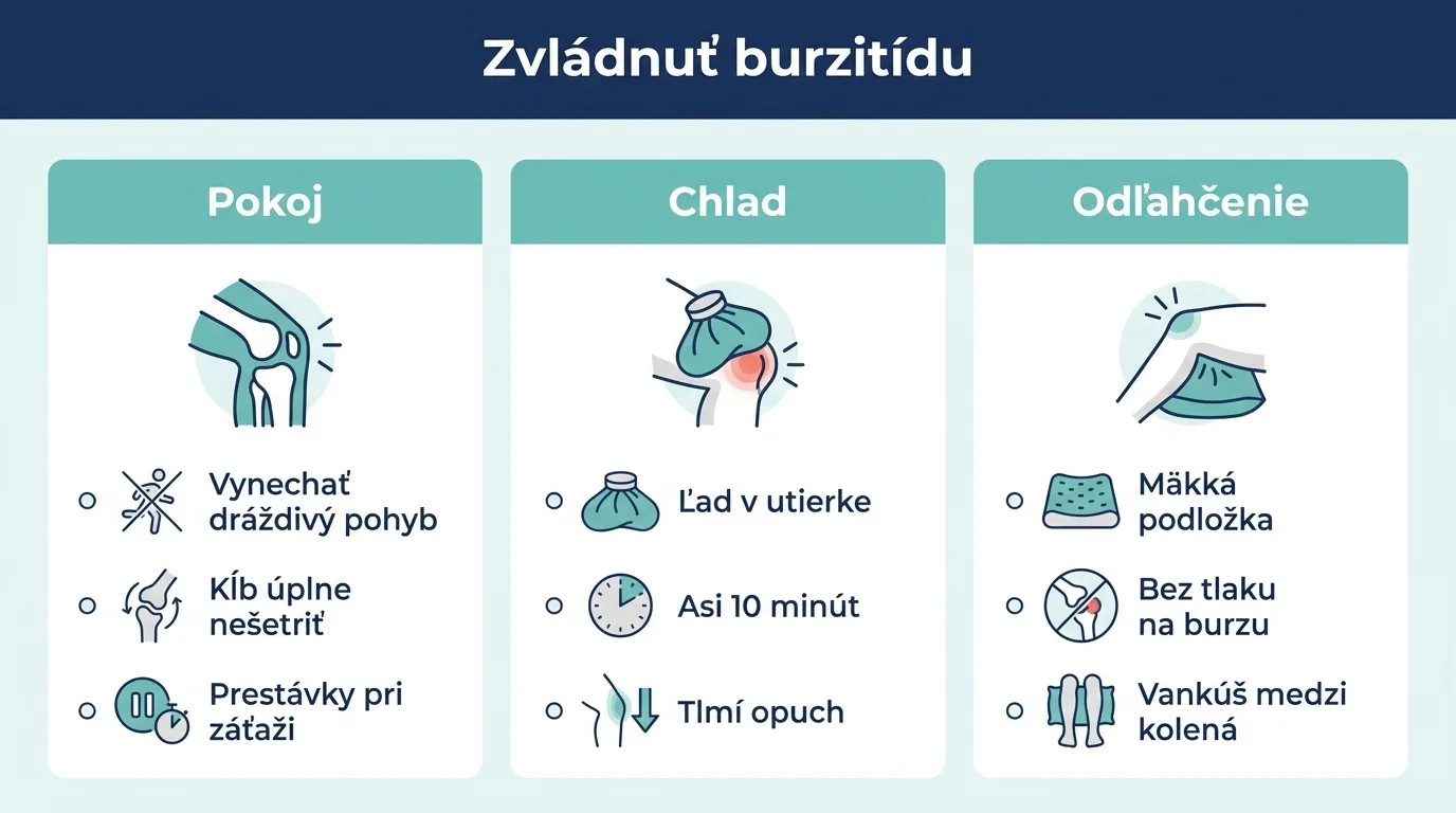 Infografika s tromi krokmi domácej starostlivosti pri burzitíde: pokoj, chladenie a odľahčenie tlaku.