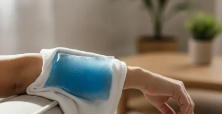 Človek si prikladá ľadový obklad na boľavý lakeť postihnutý burzitídou.
