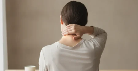 Žena pri stole sa drží za zátylok pre bolesť hlavy vychádzajúcu z krčnej chrbtice.