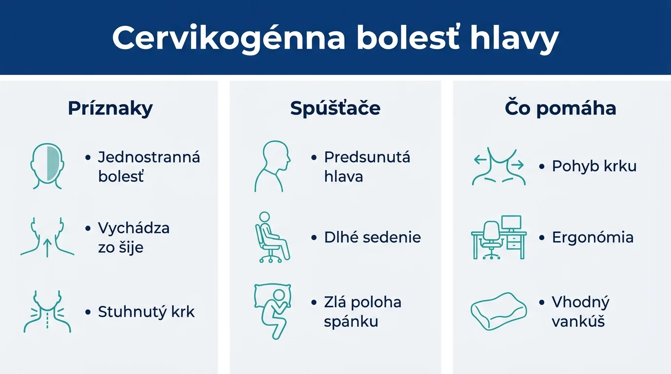 Infografika zhŕňajúca príznaky, spúšťače a úľavu pri cervikogénnej bolesti hlavy.