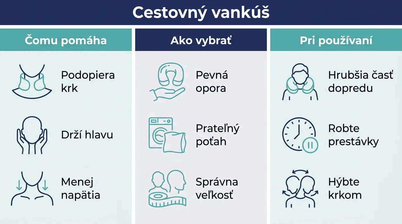 Infografika zhŕňajúca, čomu cestovný vankúš na krk pomáha, ako ho vybrať a ako ho používať.