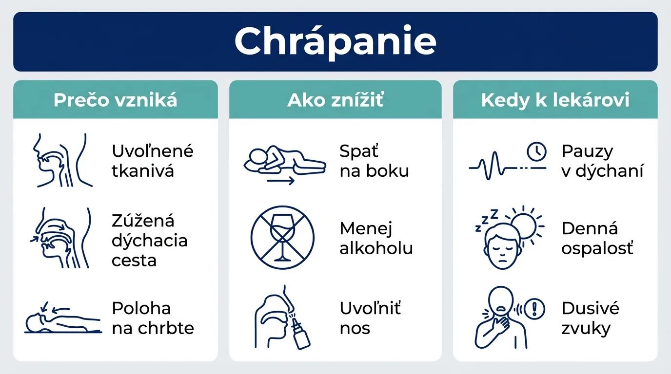 Infografika o chrápaní zhŕňa príčiny, spôsoby zníženia a varovné príznaky spánkového apnoe.
