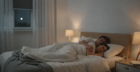 Pár v posteli, jeden partner spí pokojne na boku, druhý si chráni spánok maskou.