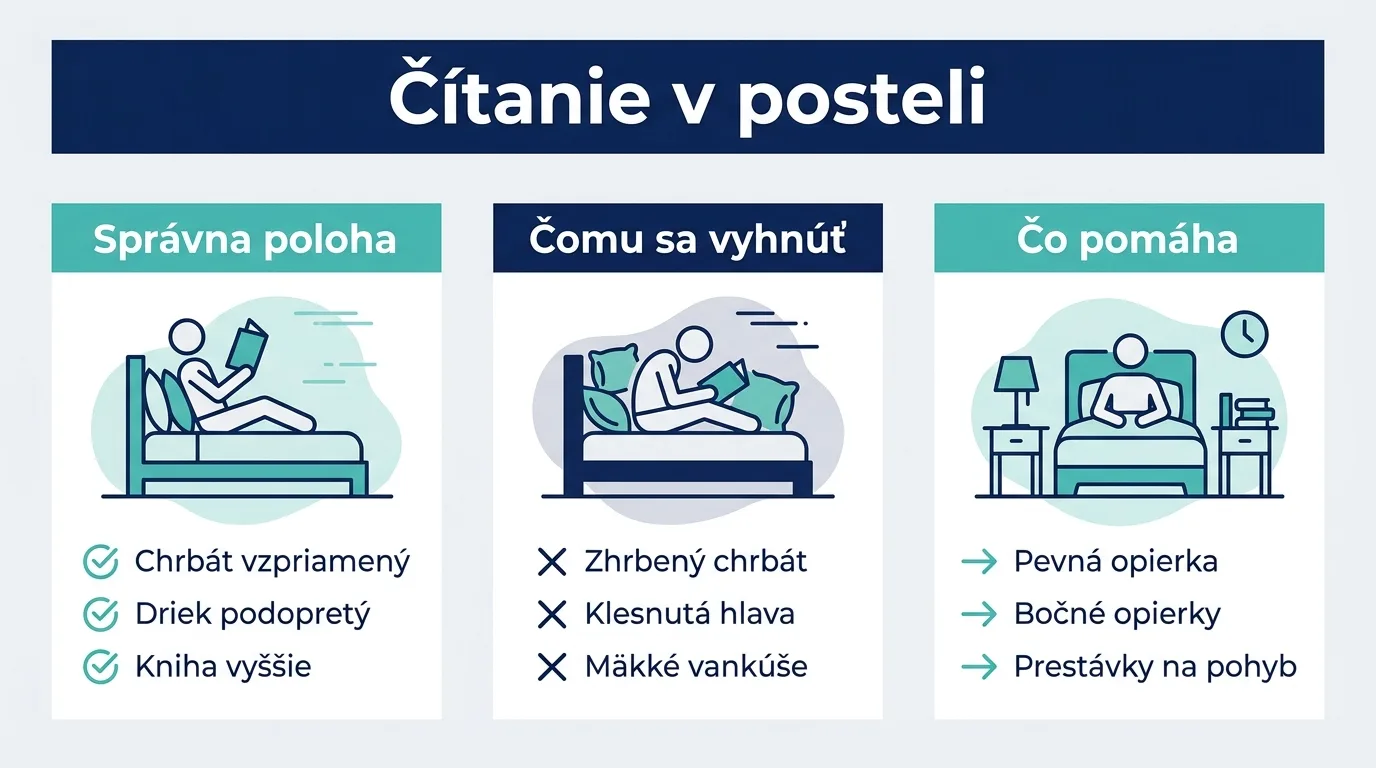 Infografika o správnom držaní tela pri čítaní v posteli, čomu sa vyhnúť a čo pomáha.