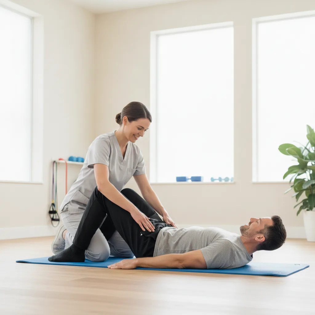Fyzioterapeut pomáha dospelému pacientovi cvičiť na posilnenie svalov trupu pri skolióze.