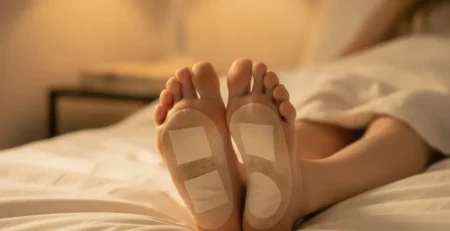 Detoxikačné náplasti prilepené na chodidlách pred spaním ako súčasť večerného rituálu.