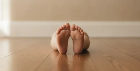 Bosé detské chodidlá stojace na drevenej podlahe.