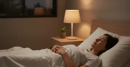 Žena leží v posteli a pokojne dýcha pred spaním so zavretými očami.