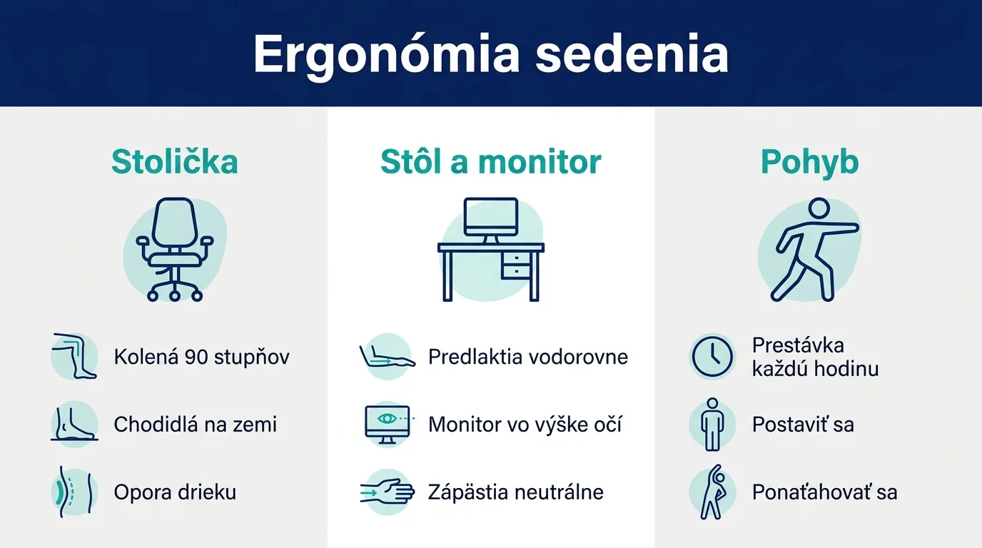 Infografika s tromi piliermi ergonomického pracoviska, stoličkou, stolom a pohybom