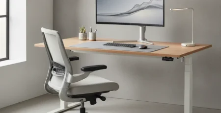 Ergonomicky nastavené kancelárske pracovisko so stoličkou, stolom a monitorom vo výške očí