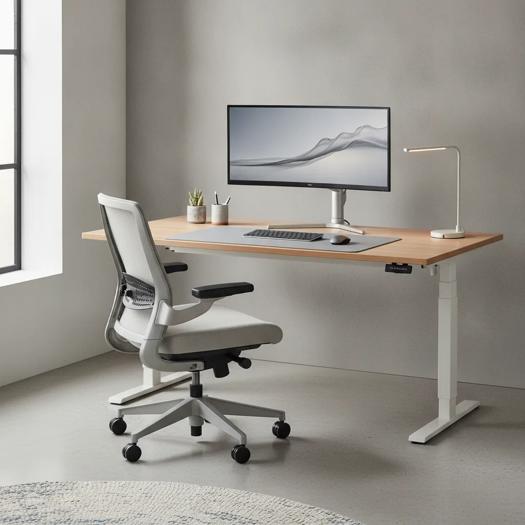 Ergonomicky nastavené kancelárske pracovisko so stoličkou, stolom a monitorom vo výške očí