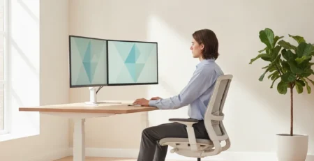 Muž sediaci pri stole na nastaviteľnej ergonomickej kancelárskej stoličke so vzpriameným držaním tela.