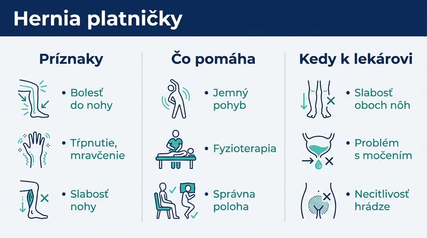 Infografika o hernii platničky zobrazujúca príznaky, konzervatívnu liečbu a varovné príznaky, pri ktorých treba vyhľadať lekára.