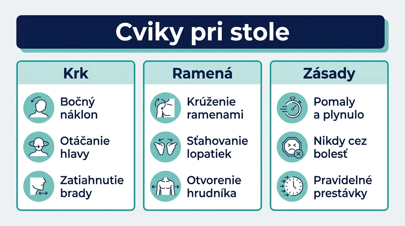 Infografika s cvikmi na uvoľnenie krku a ramien pri pracovnom stole a základnými zásadami cvičenia.