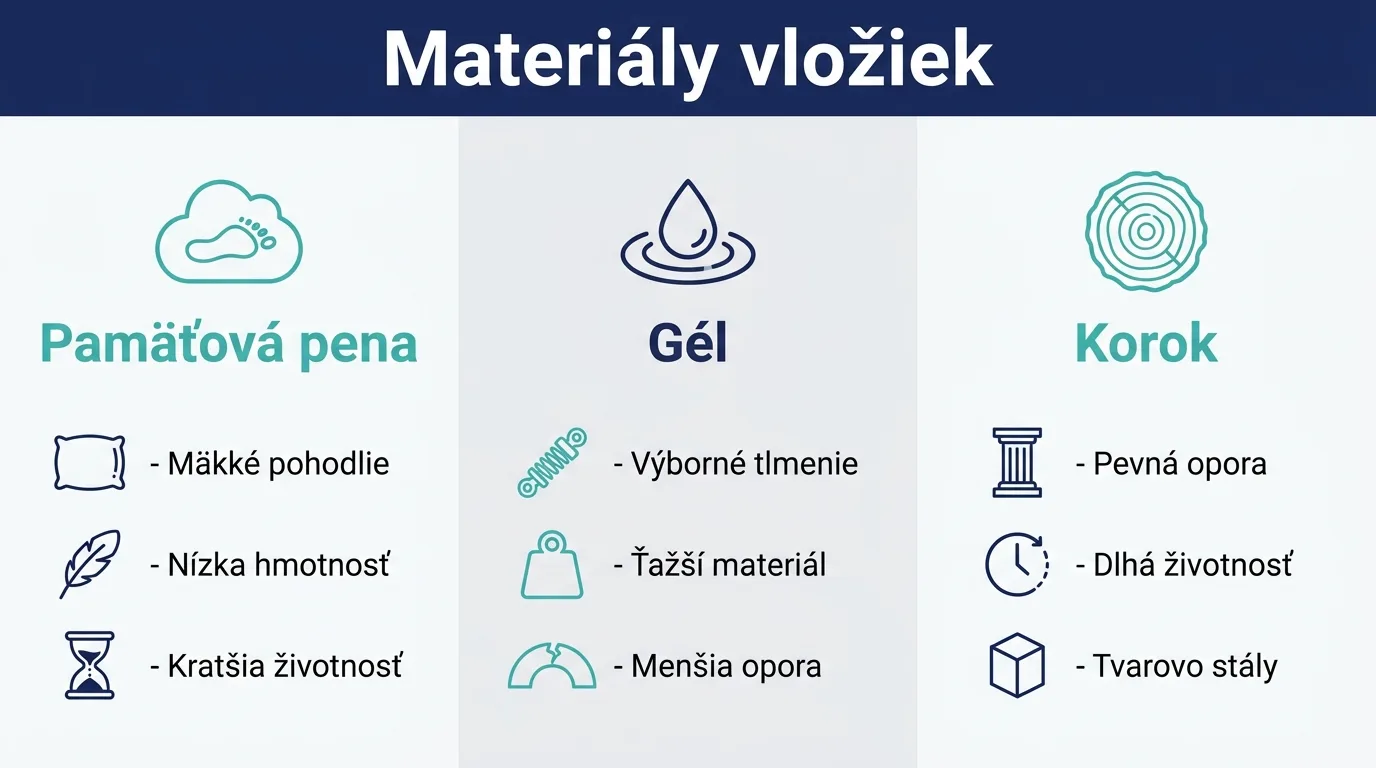 Infografika porovnávajúca pamäťovú penu, gél a korok ako materiály ortopedických vložiek.