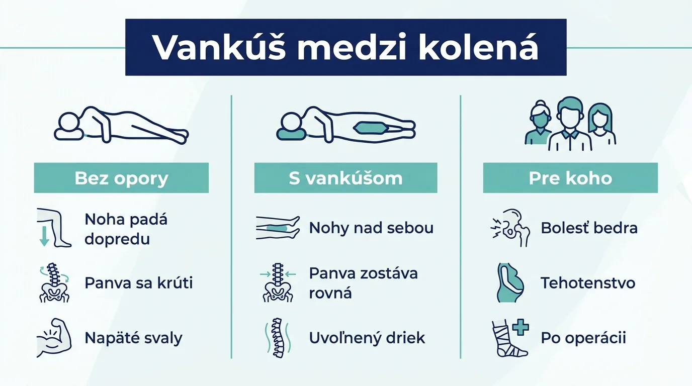 Infografika porovnáva spánok na boku s vankúšom medzi kolenami a bez neho.