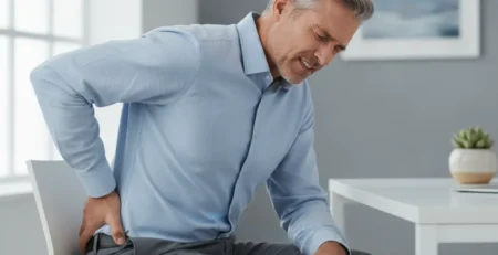 Muž sediaci pri stole si drží dolnú časť chrbta pre bolesť ischiasu vystreľujúcu do nohy.