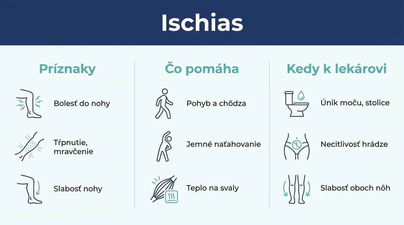 Infografika o ischiase zobrazujúca príznaky, čo pomáha doma a varovné príznaky, kedy vyhľadať lekára.