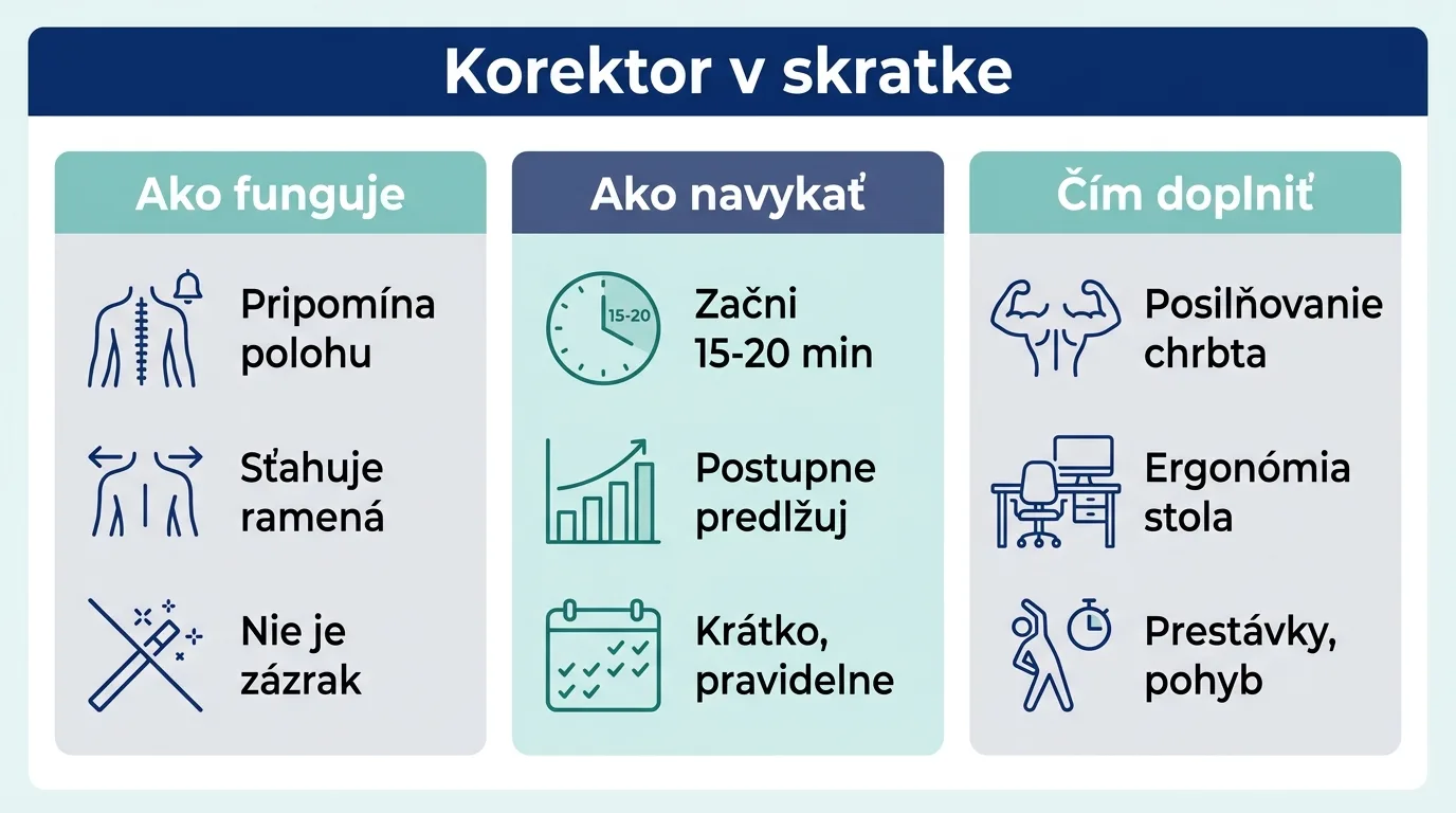 Infografika o korektore držania tela: ako funguje, ako ho postupne navykať a čím ho doplniť pre trvalé zlepšenie držania.