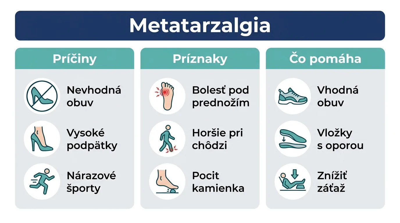 Infografika zhŕňa príčiny, príznaky a pomoc pri metatarzalgii, teda bolesti prednožia.