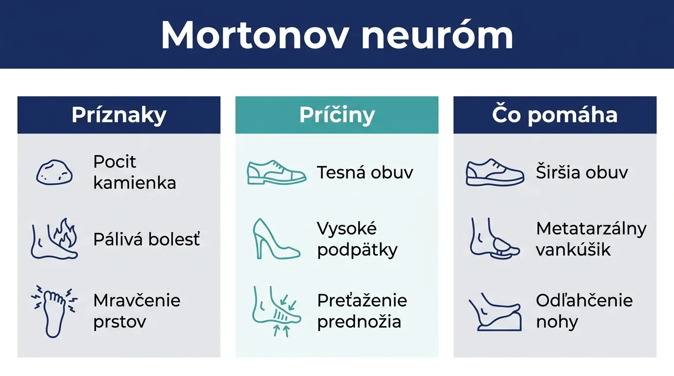 Infografika o Mortonovom neuróme zhŕňajúca príznaky, príčiny a opatrenia, ktoré prinášajú úľavu.