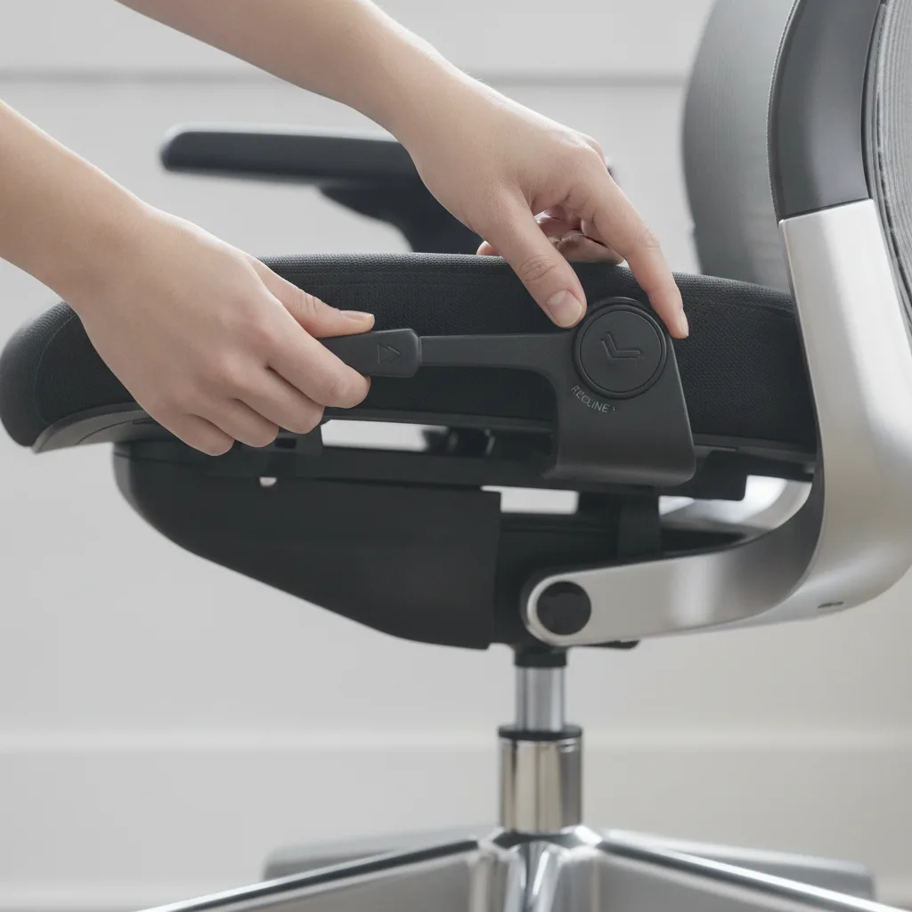 Detailný záber na nastavenie výšky a operadla ergonomickej kancelárskej stoličky.