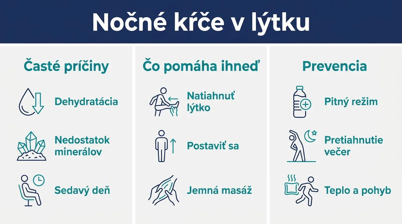 Infografika o nočných kŕčoch v lýtku zobrazuje časté príčiny, okamžitú pomoc a preventívne opatrenia.