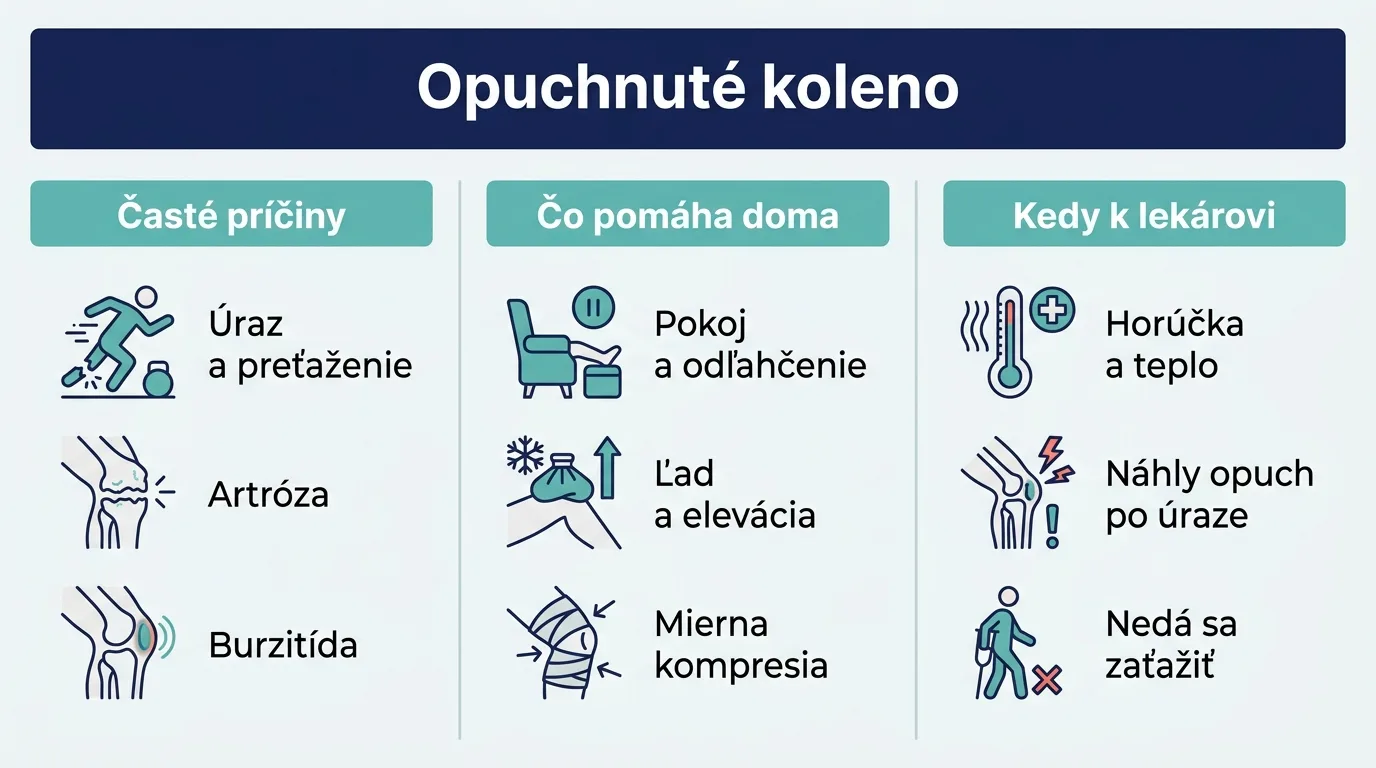 Infografika zhŕňajúca časté príčiny opuchnutého kolena, domácu starostlivosť a varovné znaky pre návštevu lekára.