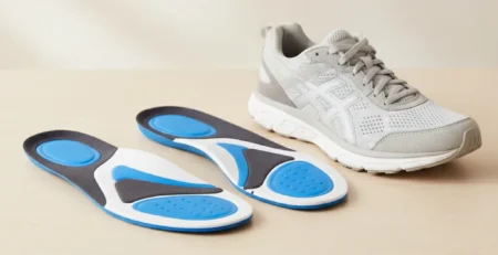 Ortopedické vložky Comfort a Active položené vedľa športovej obuvi na svetlom pozadí