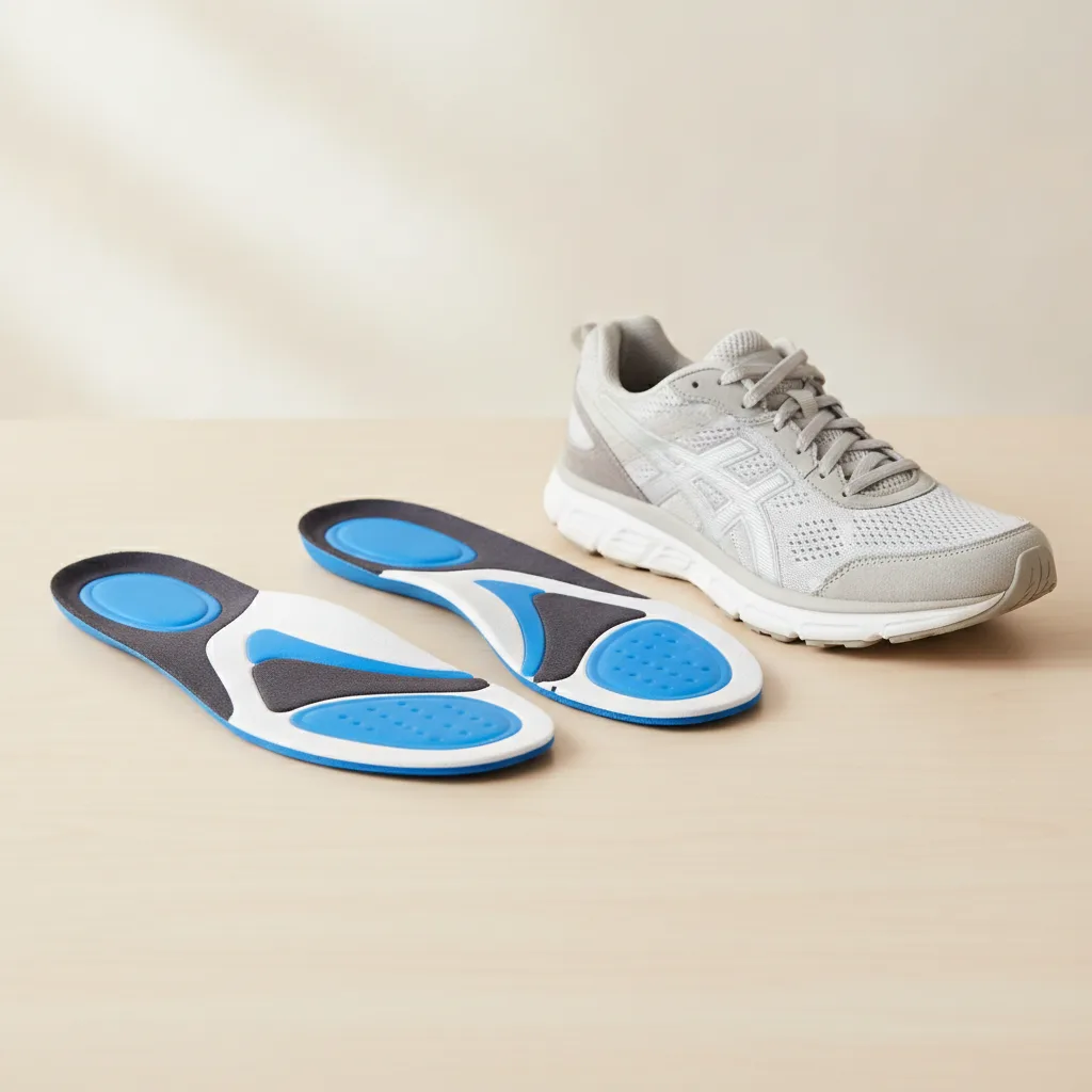 Ortopedické vložky Comfort a Active položené vedľa športovej obuvi na svetlom pozadí