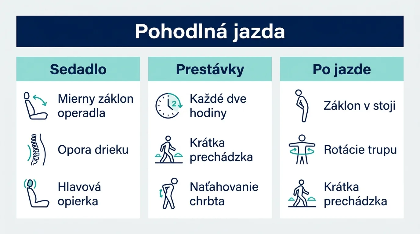 Infografika zhŕňa tri piliere pohodlnej jazdy: nastavené sedadlo, pravidelné prestávky a cviky po jazde.
