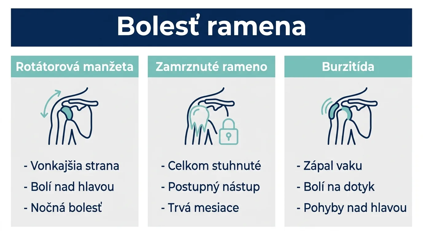 Infografika porovnáva tri hlavné príčiny bolesti ramena: rotátorovú manžetu, zamrznuté rameno a burzitídu.