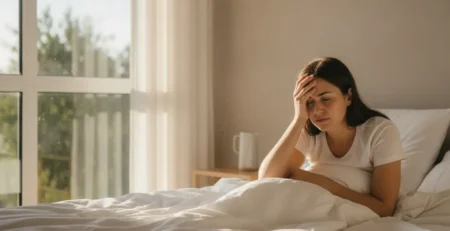 Žena sa ráno budí v posteli a unavene si drží čelo pri bolesti hlavy.