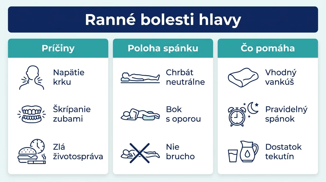 Infografika zhŕňajúca príčiny ranných bolestí hlavy, vhodné polohy spánku a to, čo pomáha.
