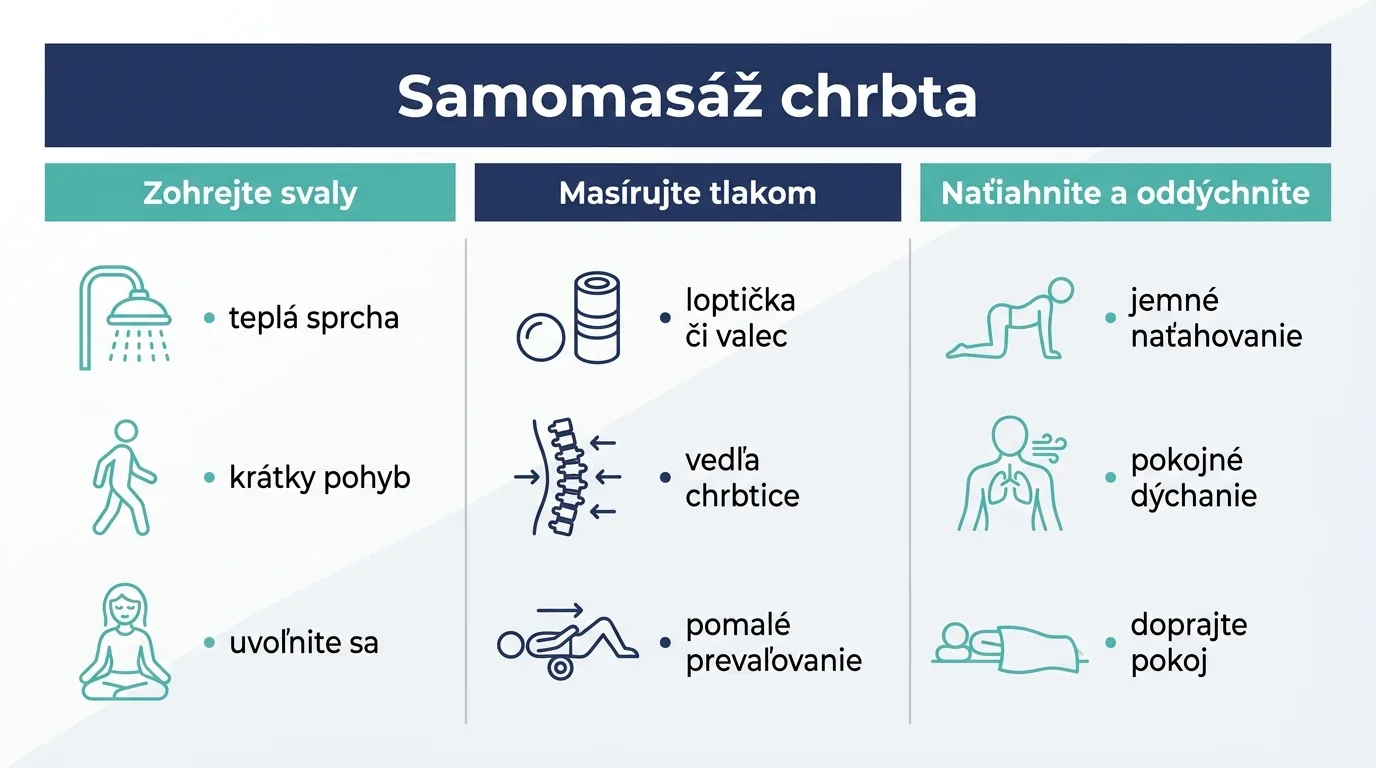 Infografika s postupom domácej samomasáže chrbta v troch krokoch.