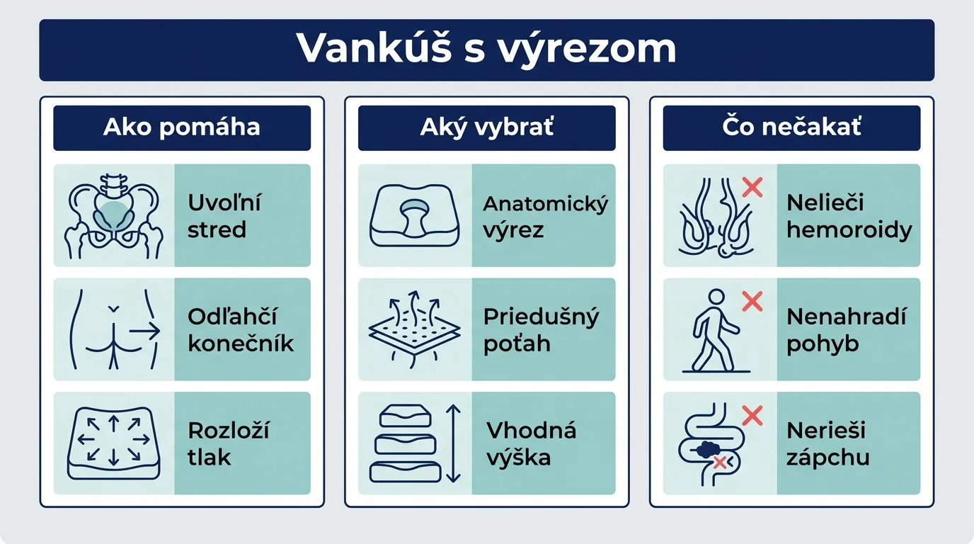 Infografika vysvetľujúca, ako vankúš s výrezom rozloží tlak pri hemoroidoch.