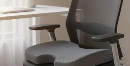 Ortopedický sedací vankúš s anatomickým výrezom položený na kancelárskej stoličke.