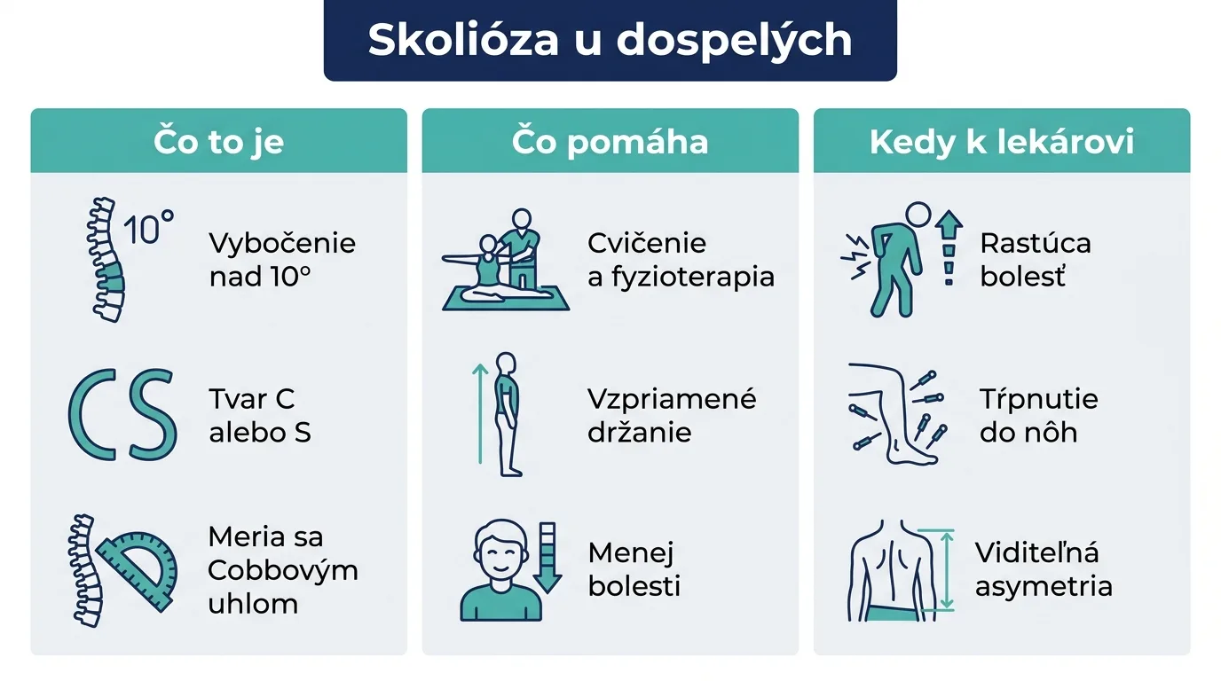 Infografika o skolióze u dospelých, ktorá vysvetľuje čo skolióza je, čo pri nej pomáha a kedy vyhľadať lekára.