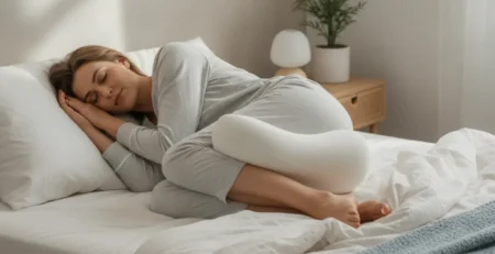 Žena spí na boku s ortopedickým vankúšom medzi kolenami v pokojnej spálni.