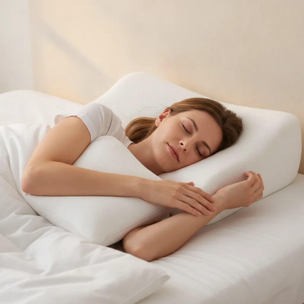 Žena spí na chrbte s hlavou na ortopedickom vankúši a podopretou pažou pre úľavu ramena.