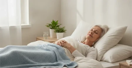 Staršia žena pokojne spí na chrbte v posteli po operácii bedrového kĺbu