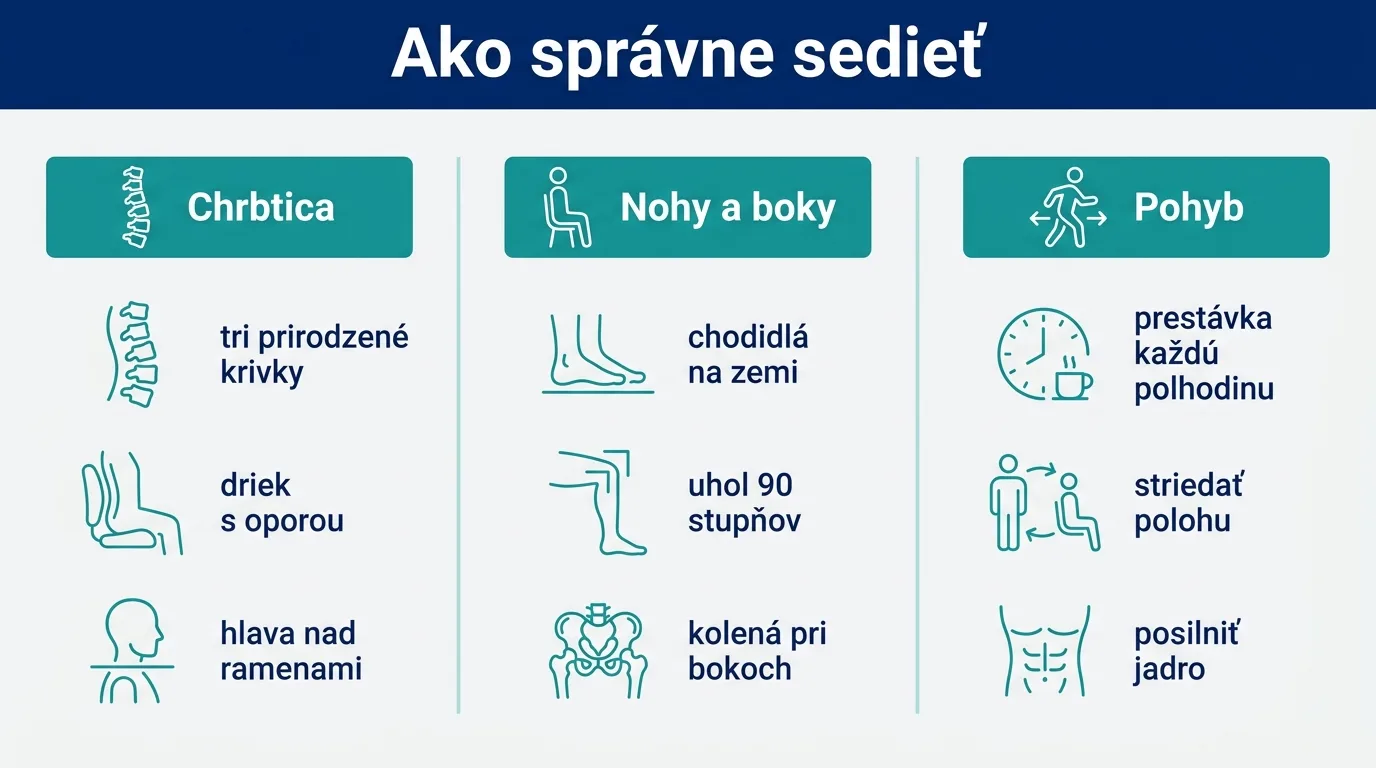 Infografika o správnom držaní tela pri sedení s oporou chrbtice, nôh a dôrazom na pohyb