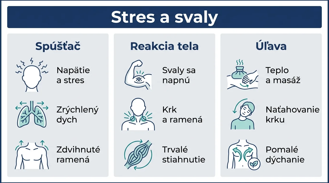 Infografika znázorňuje, ako stres postupuje od napätia cez stiahnuté svaly krku až po úľavu teplom a masážou.