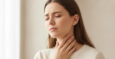 Žena si drží hrdlo pre nepríjemný pocit hrčky, ktorý sprevádza tichý reflux.