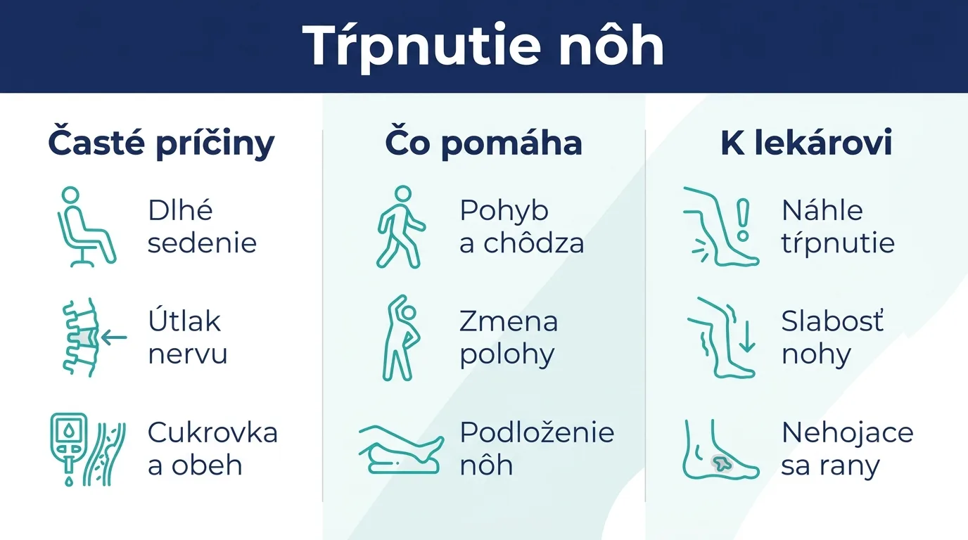 Infografika o tŕpnutí nôh zhŕňajúca časté príčiny, opatrenia na úľavu a varovné príznaky pre návštevu lekára.