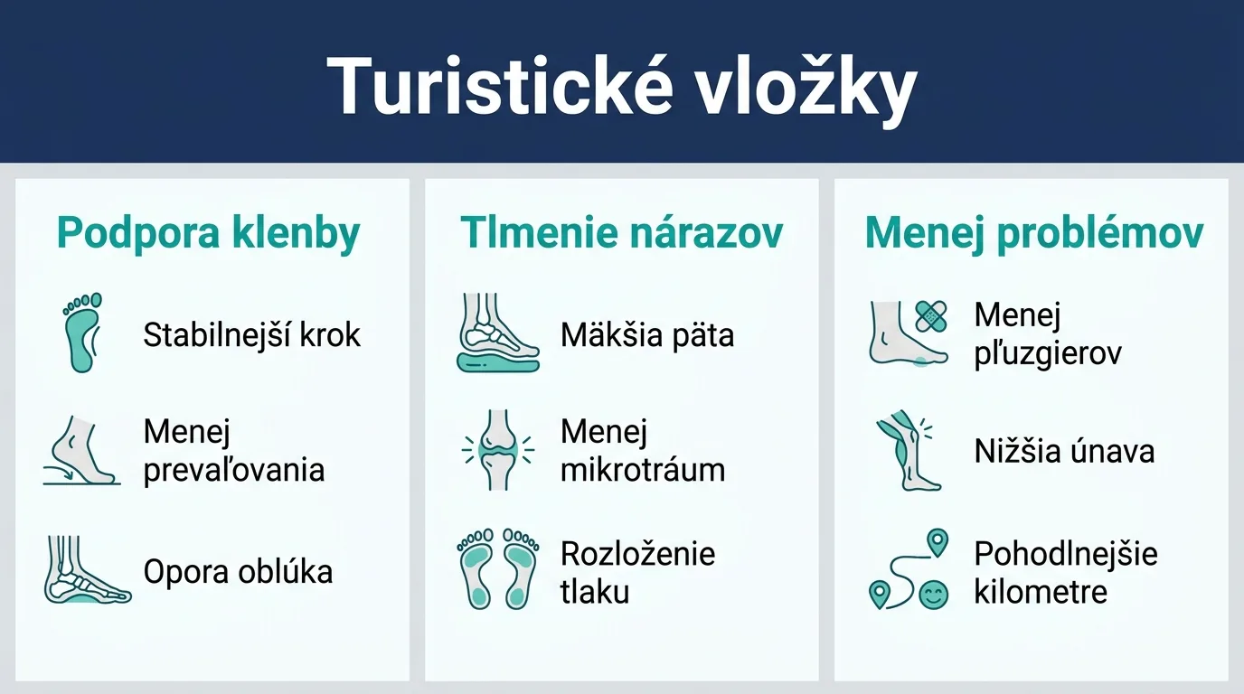 Infografika o prínosoch turistických vložiek pre podporu a tlmenie chodidla.